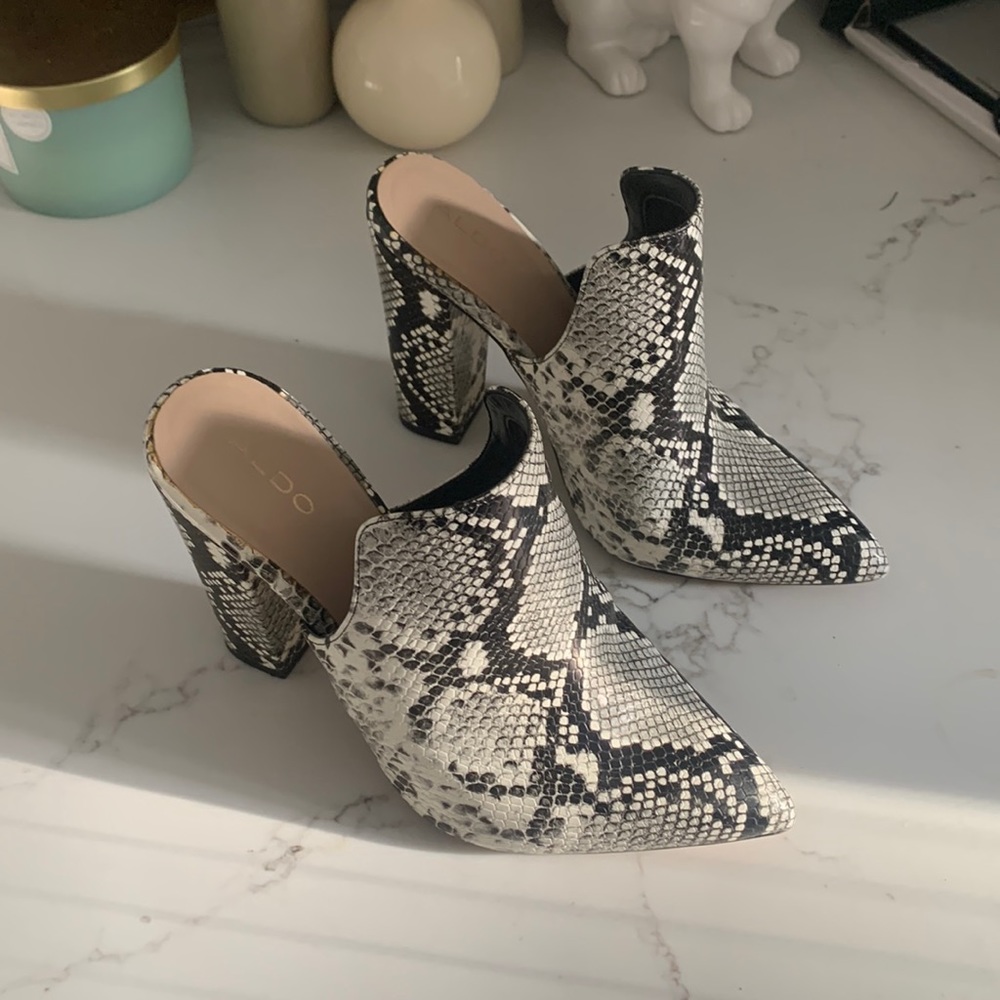 Aldo Black and White Snake Print Mules